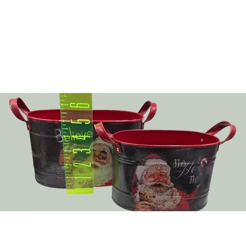 Vintage Style Santa Claus Metal Christmas Buckets Tins Nesting Set of 2